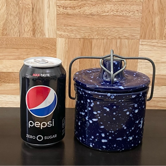 Vintage Stoneware Crock Speckled Cobalt Blue Butter Cheese Crock Jar Wired Lid - Picture 5 of 16